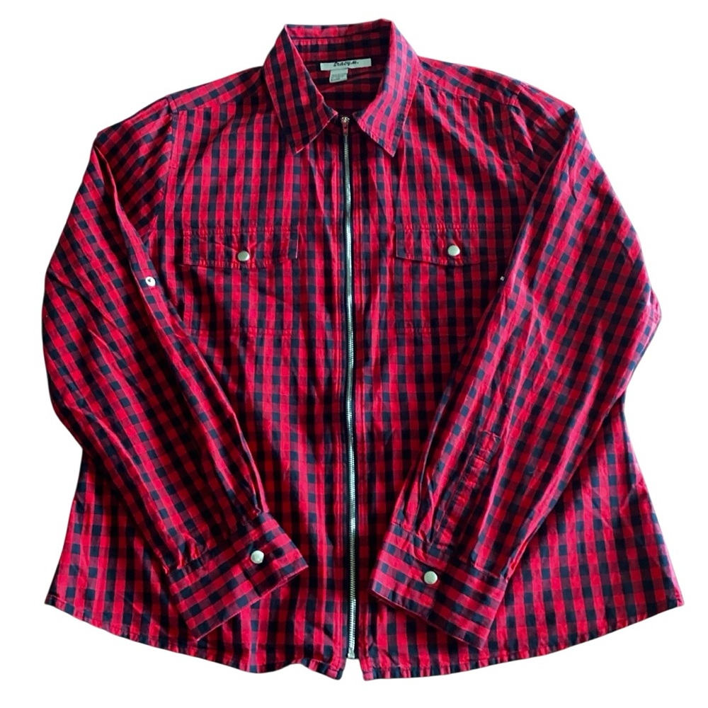 Tracym. Red & Black Buffalo Plaid Cotton Shirt Jacket Size Large Zip Front